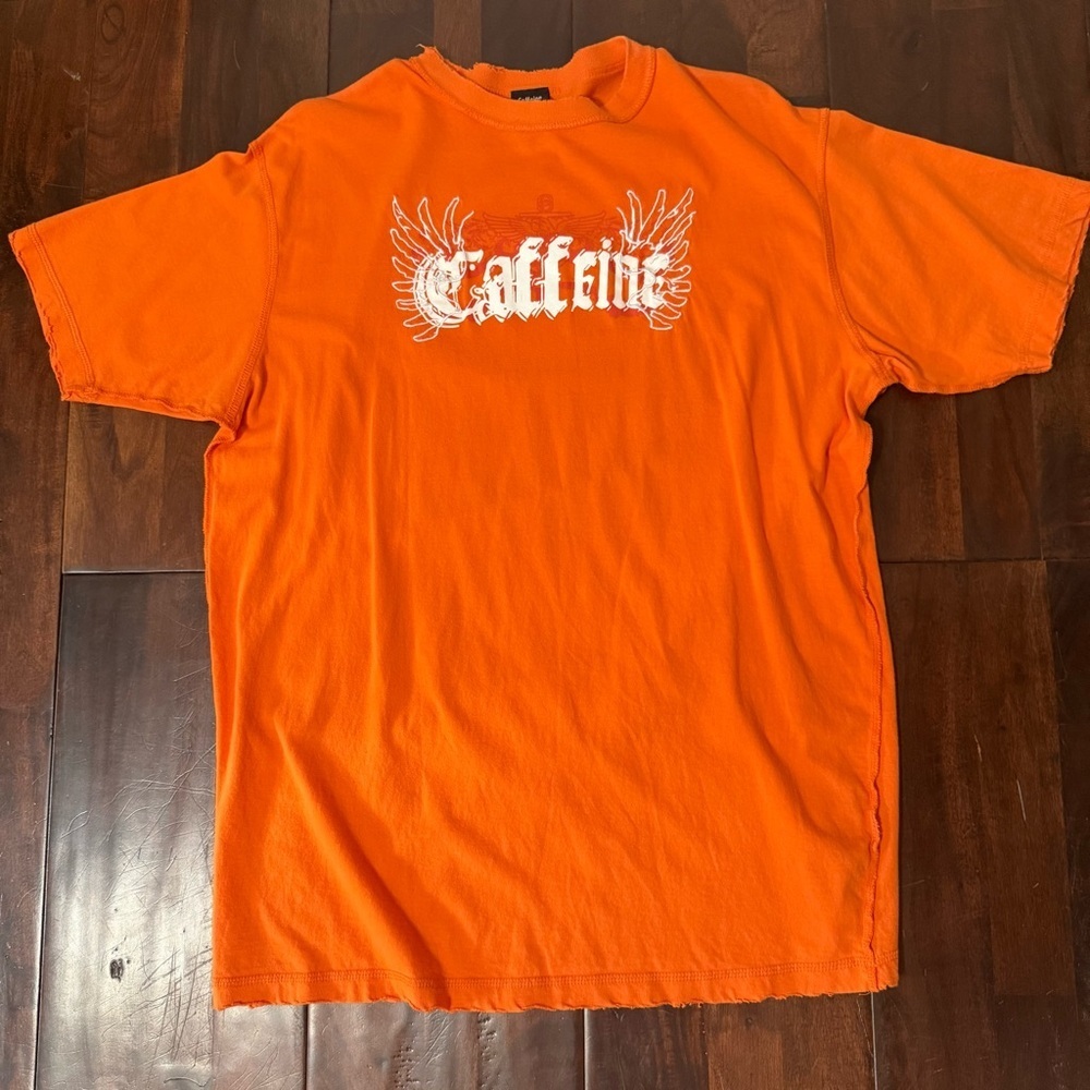 Vintage Caffeine Records Orange Tshirt Size XL Y2K Distressed